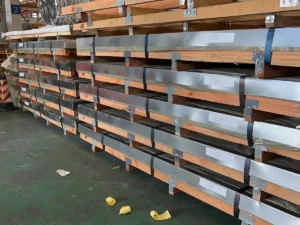 304 stainless steel sheet packs on racks in our Wuxi warehouse