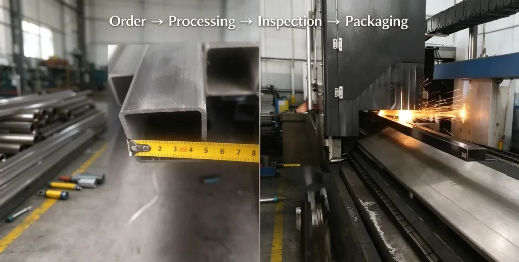 Processed order flow: order, processing, inspection and packaging